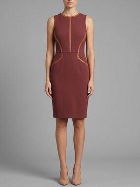 Ava & Aiden Rust Sheath Midi Dress Faux Leather Piping Work Sz 6